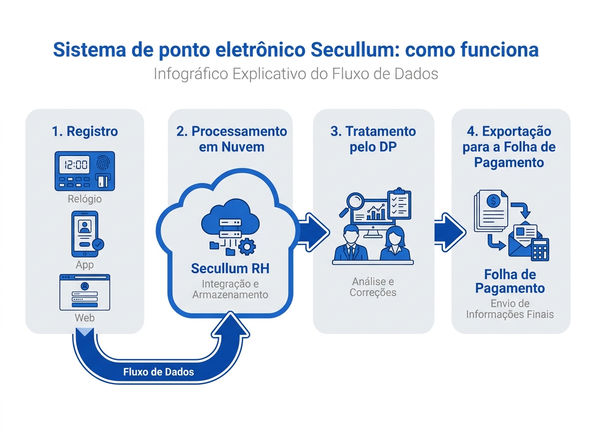 Infográfico do fluxo de registro e tratamento de ponto no Secullum RH