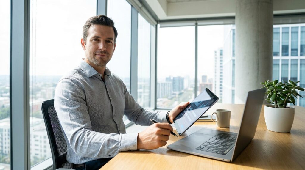 Foto realista de um empresário em seu escritório moderno, analisando relatórios de jornada em um tablet de forma tranquila, transmitindo segurança e controle sobre a operação. Sem textos ou gráficos sobrepostos.