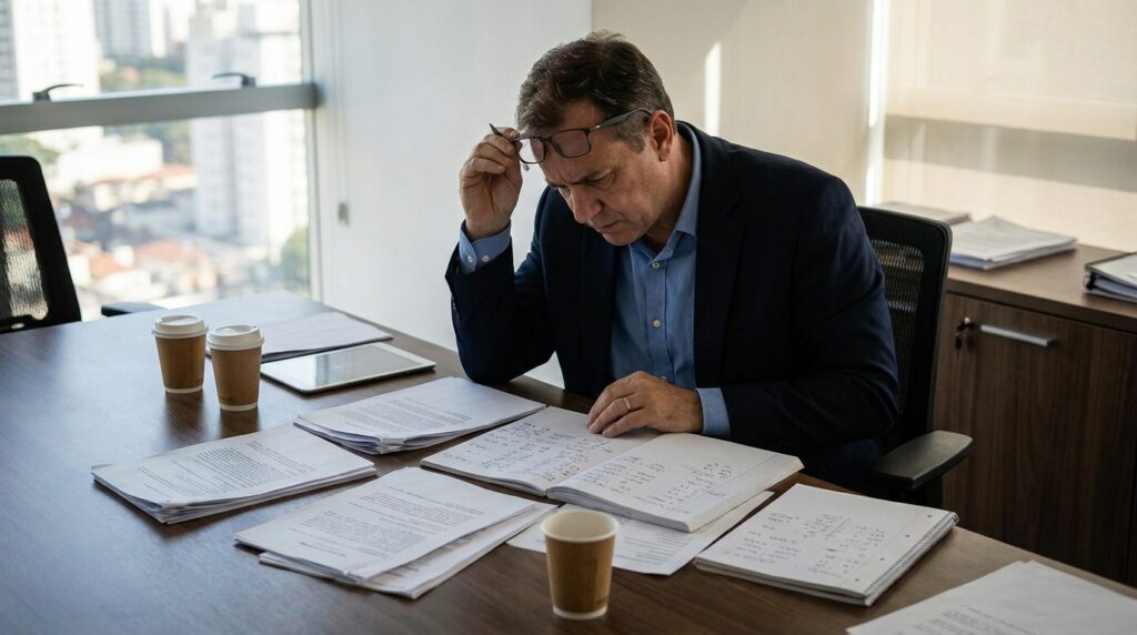 Empresário analisando contratos para entender a terceirização e responsabilidade subsidiária.