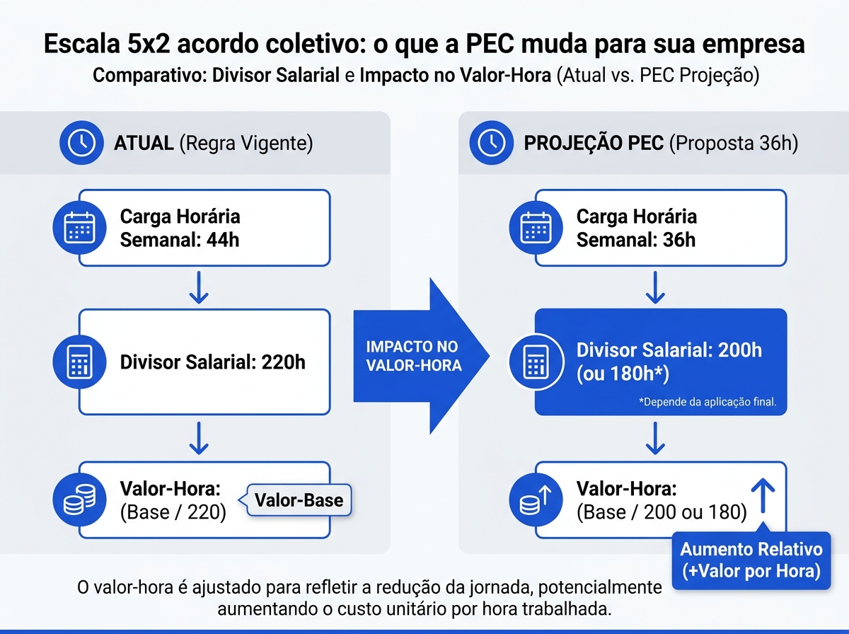 Infográfico com comparação do divisor salarial e valor-hora no acordo coletivo.