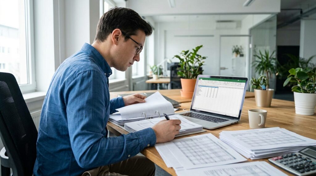 Profissional analisando regras da escala 5x2 acordo coletivo e documentos de jornada de trabalho.