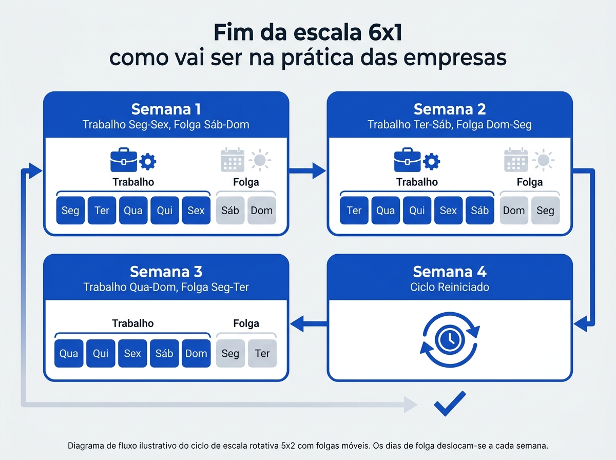 Diagrama de fluxo do ciclo de escala rotativa 5x2 com rodízio de folgas semanais.