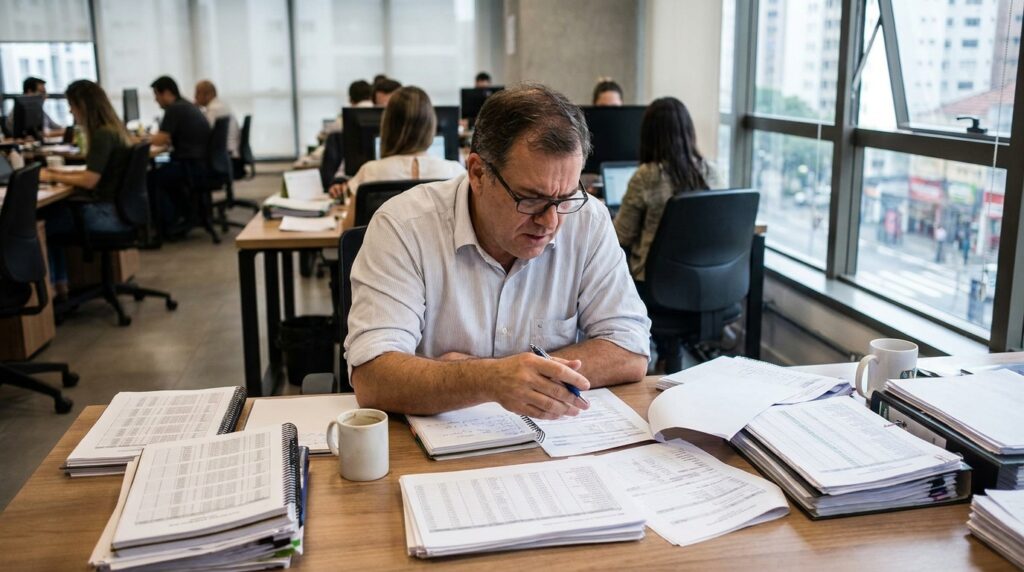 Gestor de DP analisando relatórios de escala de trabalho e controle de ponto em uma mesa de escritório.