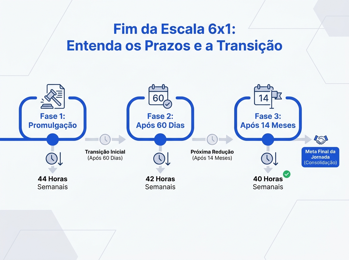 Linha do tempo da transição da jornada de trabalho de 44 para 40 horas semanais.