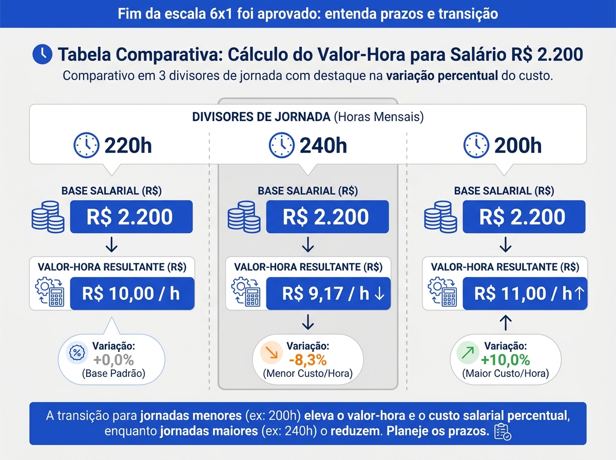 Comparativo do divisor salarial e impacto no valor da hora trabalhada.
