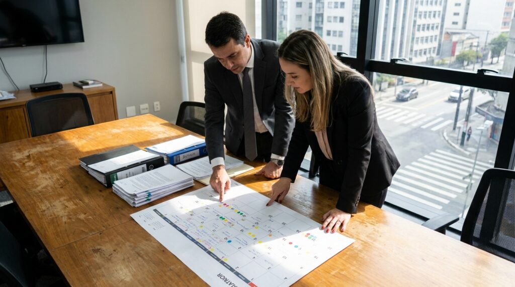 Empresário analisando planejamento de transição da escala 6x1 com equipe de gestão.