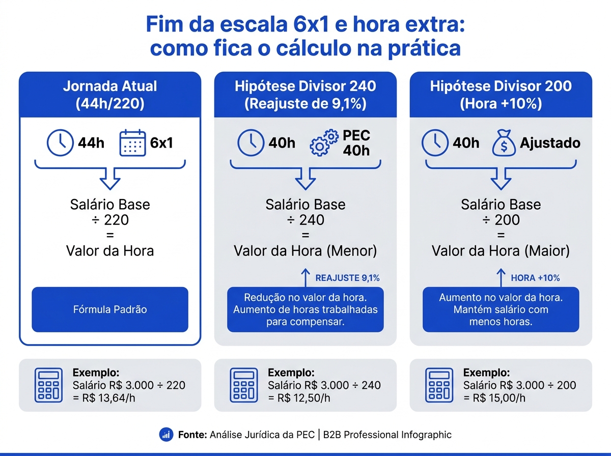 Infográfico comparativo do divisor salarial e valor da hora extra no fim da escala 6x1.