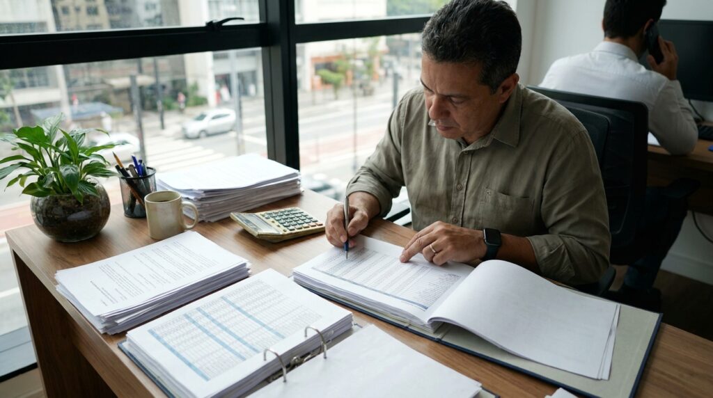 Profissional de departamento pessoal calculando horas extras e valores no fim da escala 6x1.