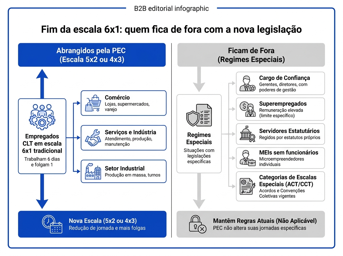 Infográfico explicativo destacando quem está abrangido e quem fica de fora do fim da escala 6x1.