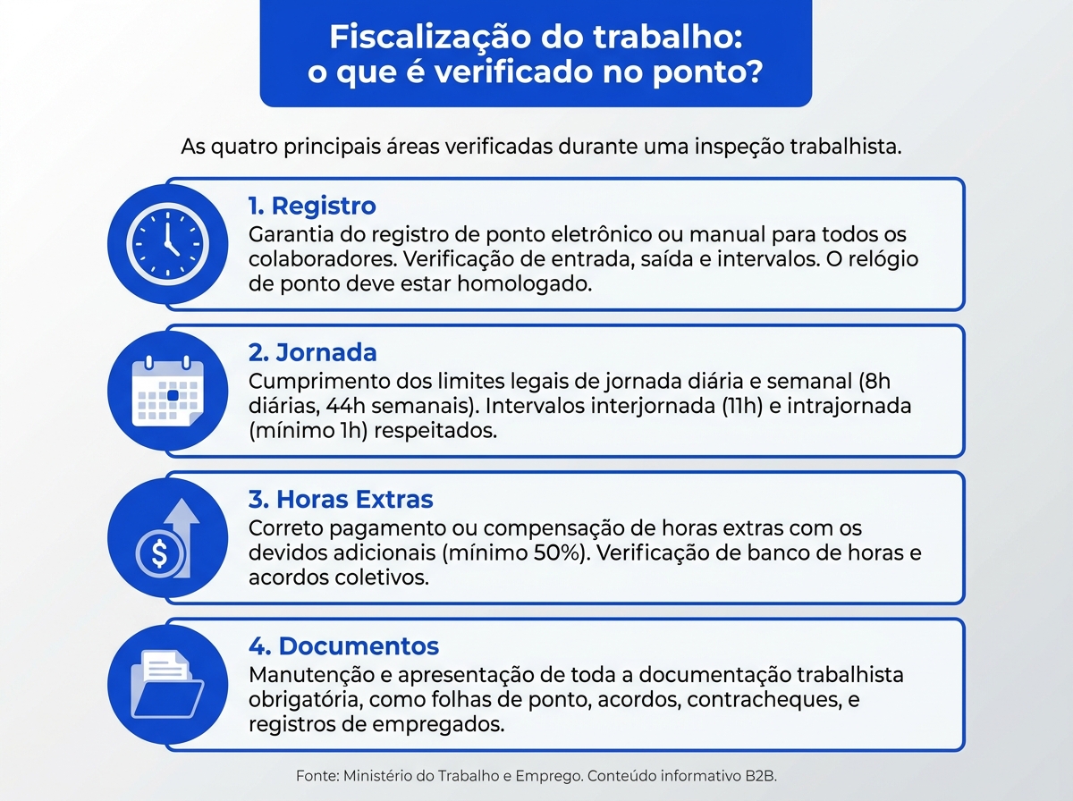 Infográfico das quatro áreas analisadas na fiscalização do trabalho no controle de ponto.