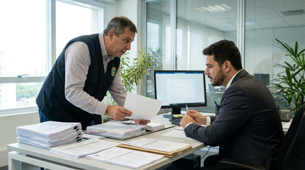 Auditor realizando fiscalização do trabalho em documentos de controle de ponto de uma empresa.