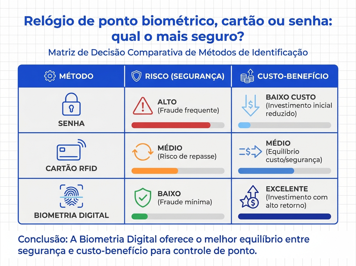 Matriz de decisão comparando segurança e custo entre senha, cartão e relógio de ponto biométrico.