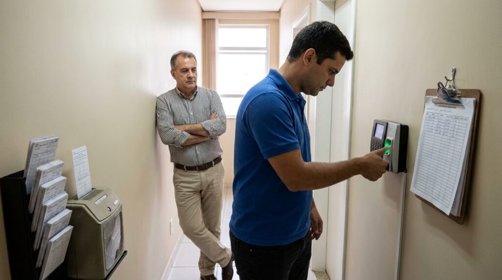 Funcionário utilizando o relógio de ponto biométrico na entrada da empresa com acompanhamento do gestor.