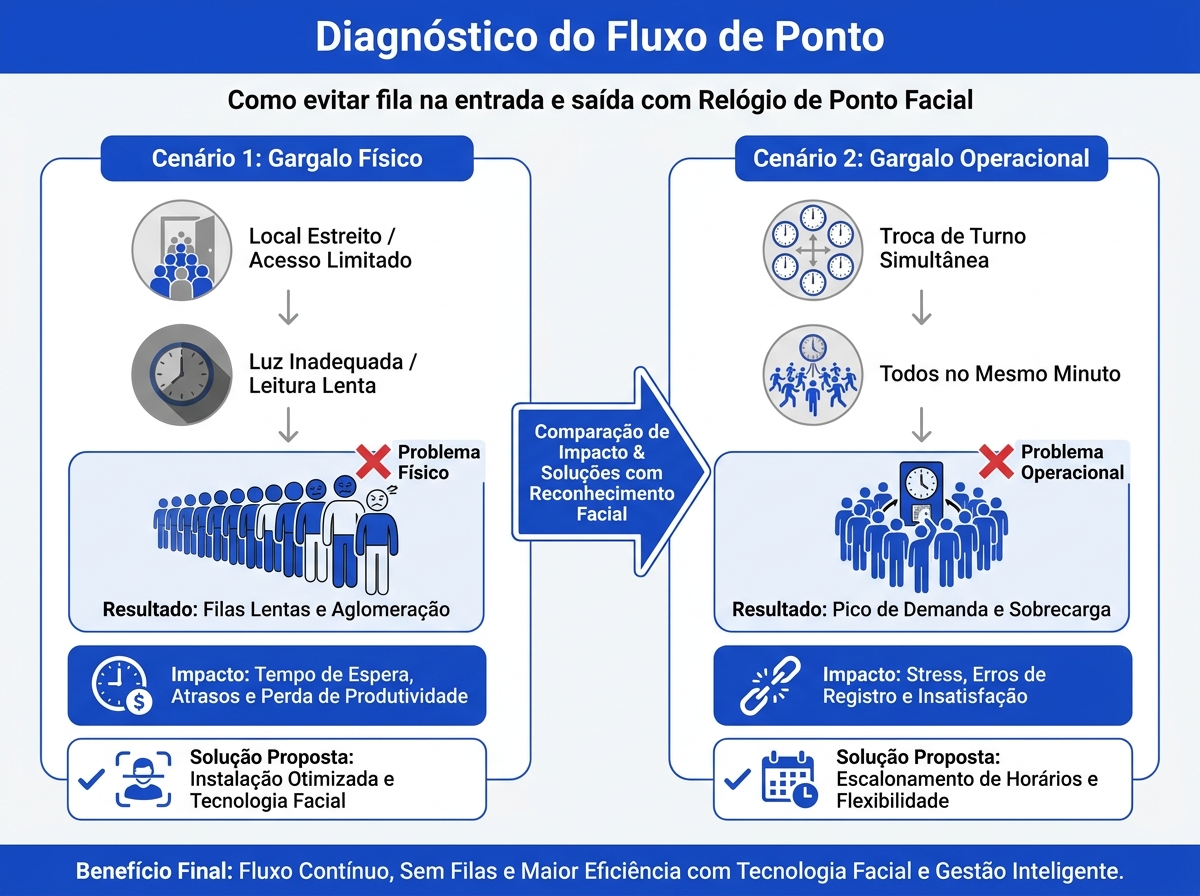 Infográfico comparando gargalo físico e gargalo operacional no relógio de ponto facial.