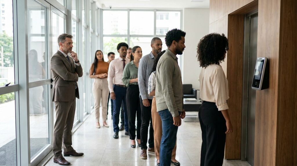 Empresário observando funcionários organizando a marcação em um relógio de ponto facial na entrada da empresa.